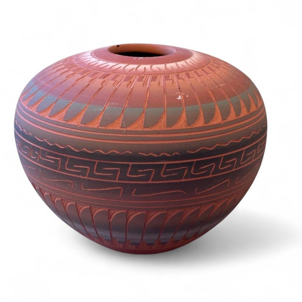 Vintage Dena Johnson Navajo Pottery Vessel Sgraffito Seed Jar Red Grey 4in